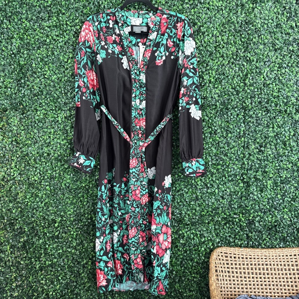 Anthropologie Black Red Floral Long Sleeves Midi Shirt Dress S
